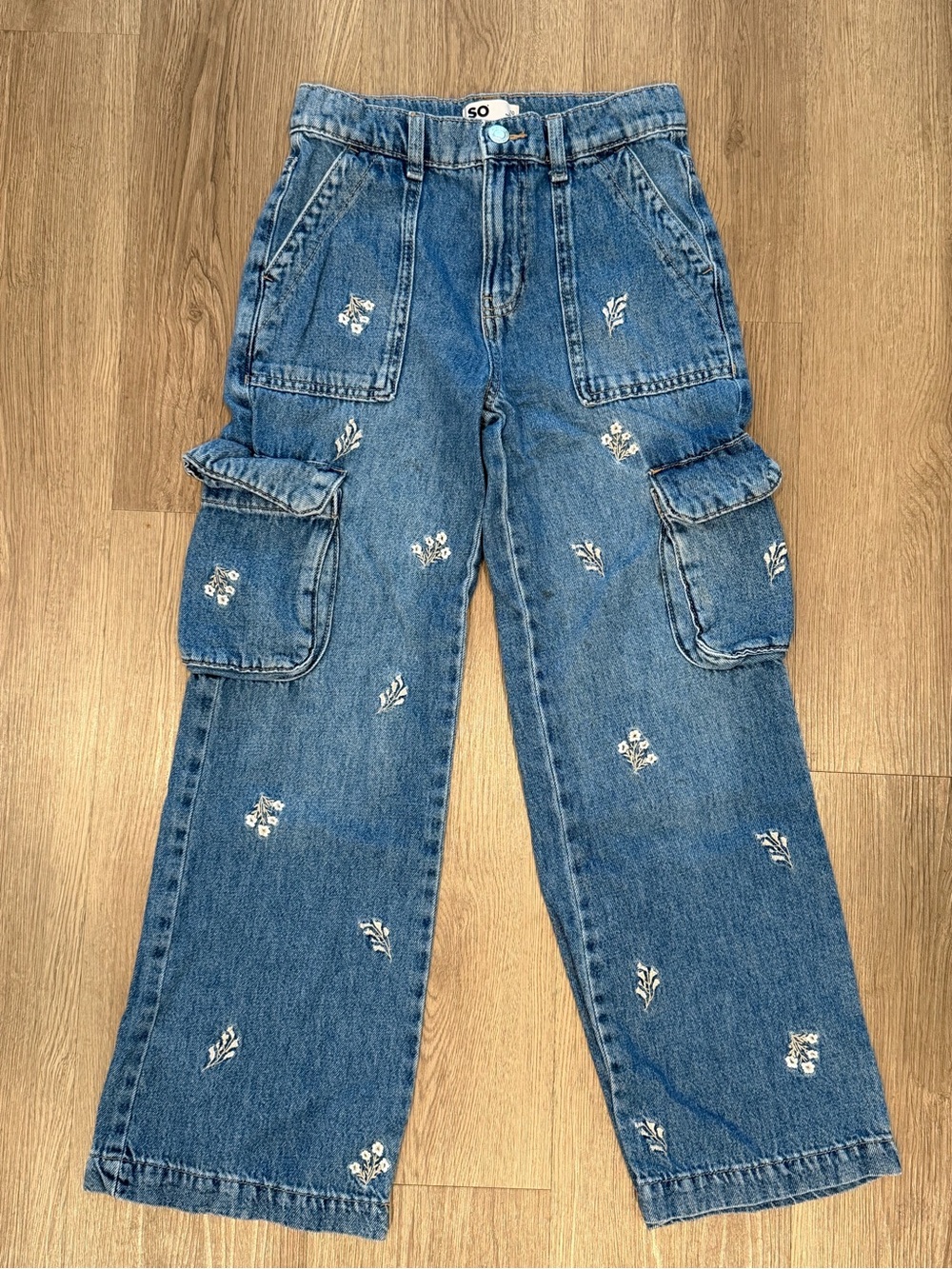 SO Blue Embroidered Wide-Leg Cargo Jeans